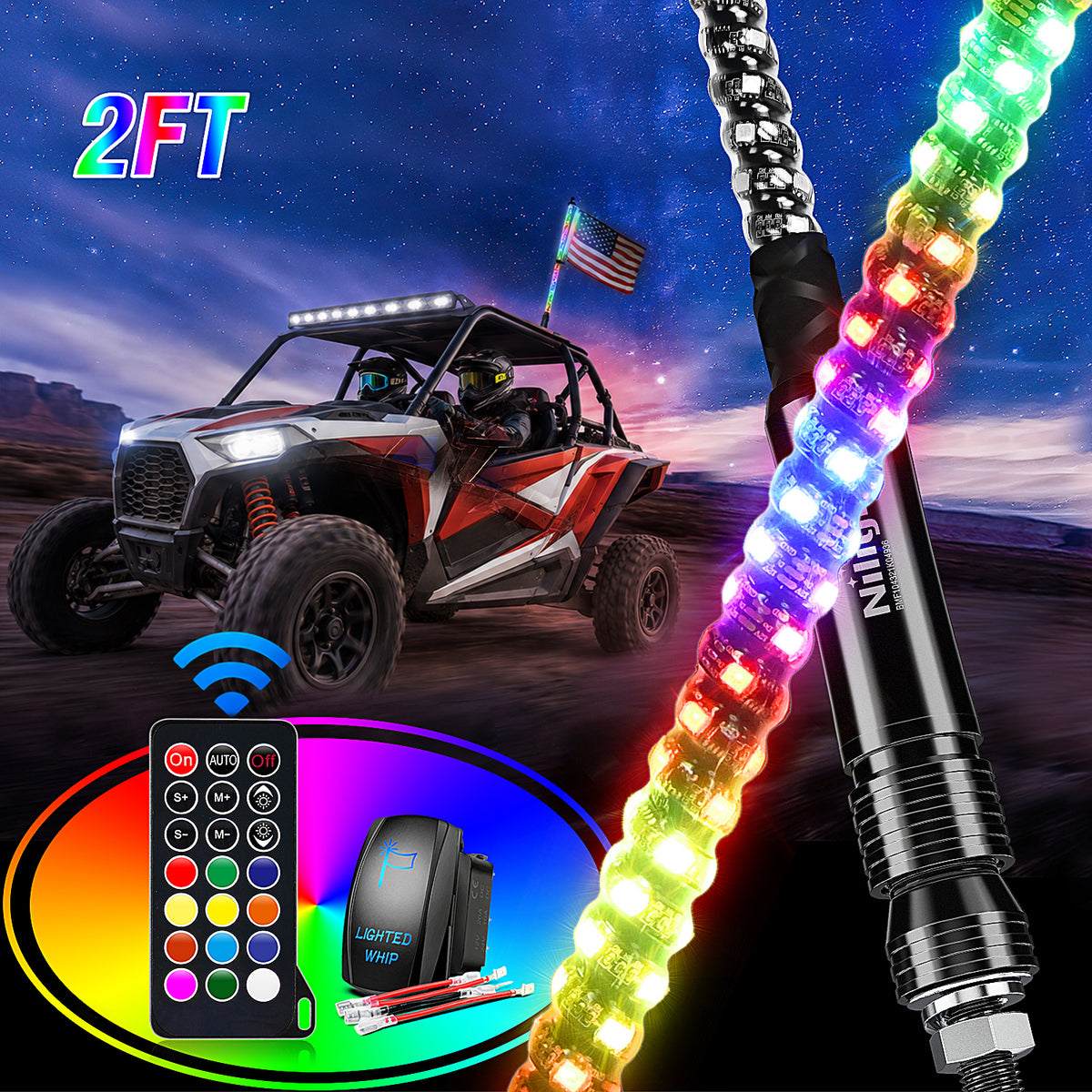 2FT Spiral Antenna Led Whip Light RF Remote Control | 8.6FT Wire 5Pin Switch
