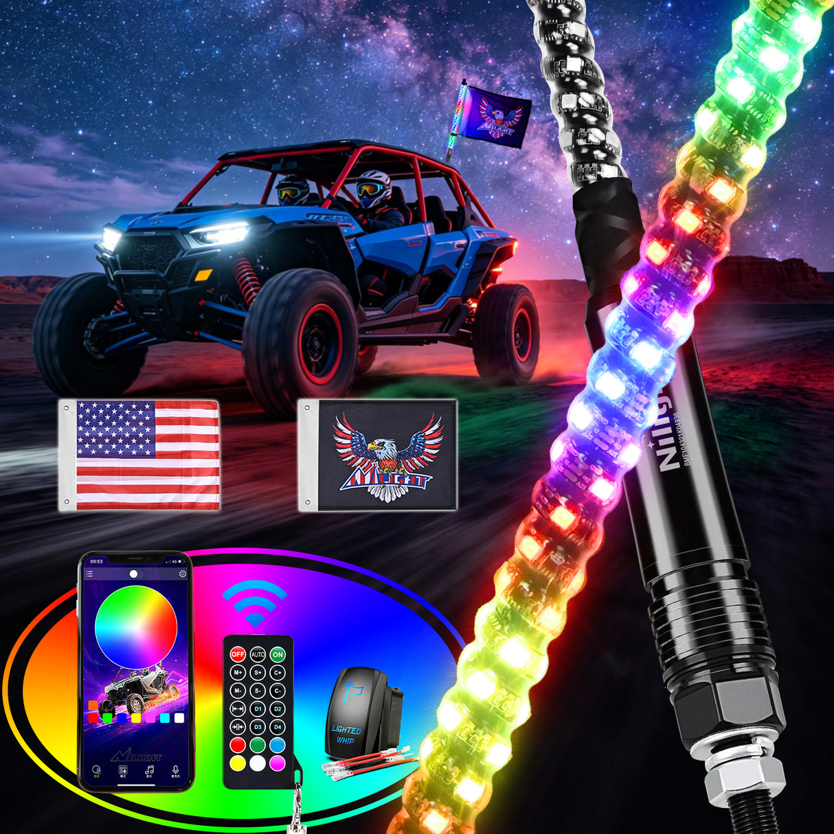 RGB Whip Light 1PC 2FT Lighted Antenna Whips with Remote & App Control DIY Chasing Patterns Brake Reverse Lights for ATV UTV Polaris RZR Can-am Dune Buggy Pickup Trucks Jeep