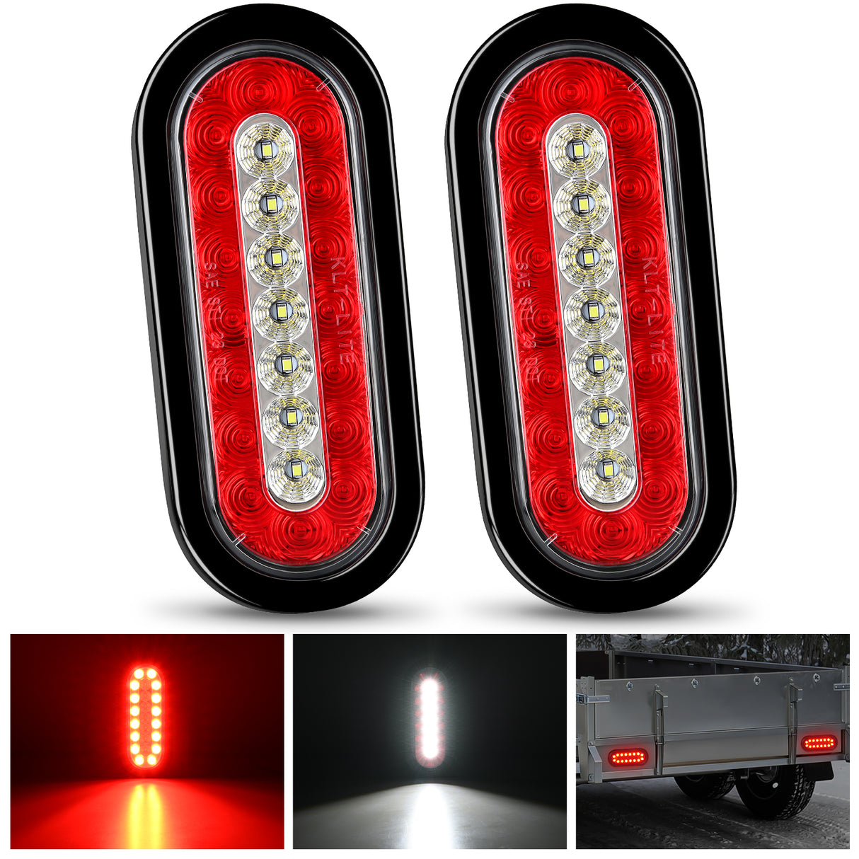 Nilight 2PCS 6Inch Oval LED Trailer Tail Lights Red White 23LEDs w/Flush Surface Mount Grommets IP67 Waterproof Stop Brake Running Reverse Backup Light for Trucks RV