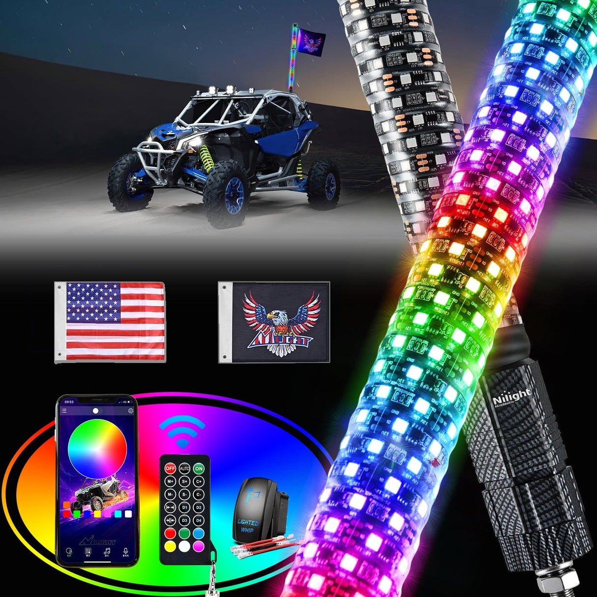 Nilight 1Pcs 3FT Spiral Antenna Bluetooth Remote App Control Led Fat Whip Light