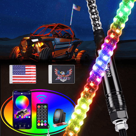Nilight RGB Whip Light 1PC 5FT Lighted Antenna Whips with Remote & App Control DIY Chasing Patterns Brake Reverse Lights for ATV UTV Polaris RZR Can-am Dune Buggy Pickup Trucks Jeep