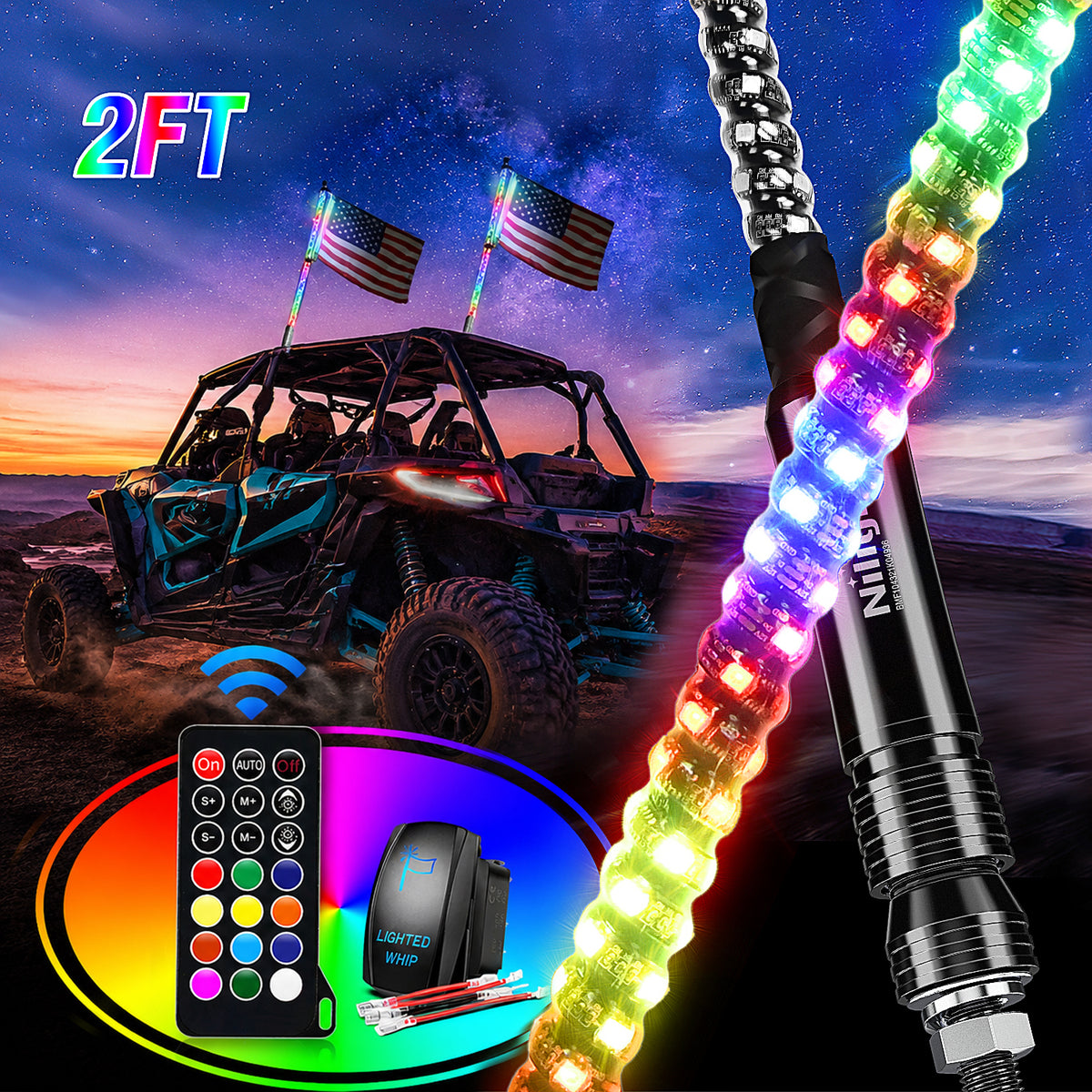 2Pcs 2FT Spiral Antenna Led Whip Light RF Remote Control | 8.6FT Wire 5Pin Switch
