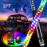 2Pcs 2FT Spiral Antenna Led Whip Light RF Remote Control | 8.6FT Wire 5Pin Switch