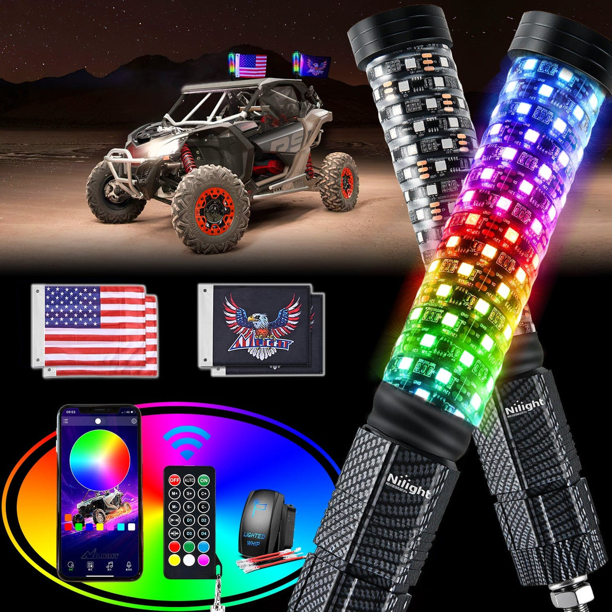 Nilight 1Pc 2FT Spiral Antenna Bluetooth Remote App Control Led Fat Whip Light