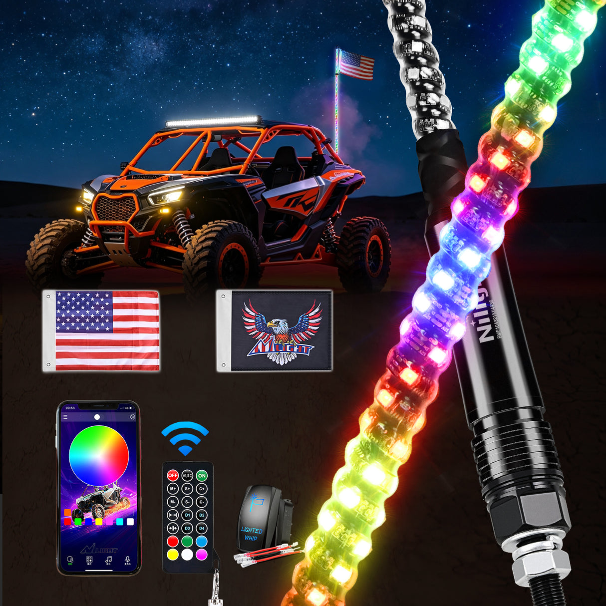 RGB Whip Light 1PC 5FT Lighted Antenna Whips with Remote & App Control DIY Chasing Patterns Brake Reverse Lights for ATV UTV Polaris RZR Can-am Dune Buggy Pickup Trucks Jeep