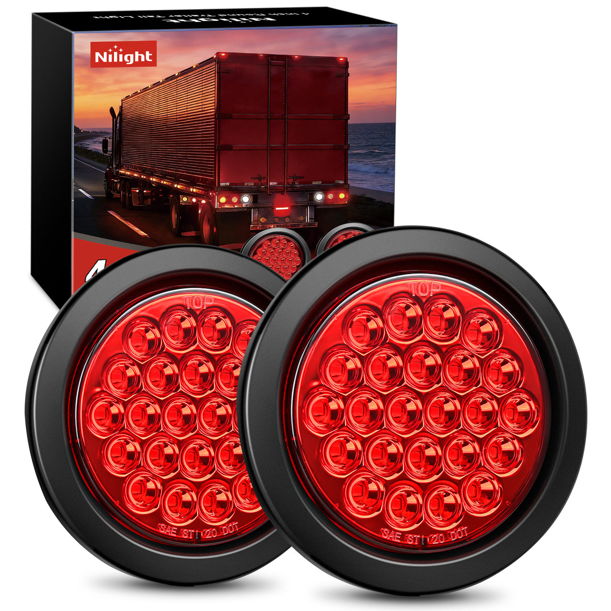 4 Inch Red Round 24Leds Tail Light Flush Mount Grommets 2Pcs