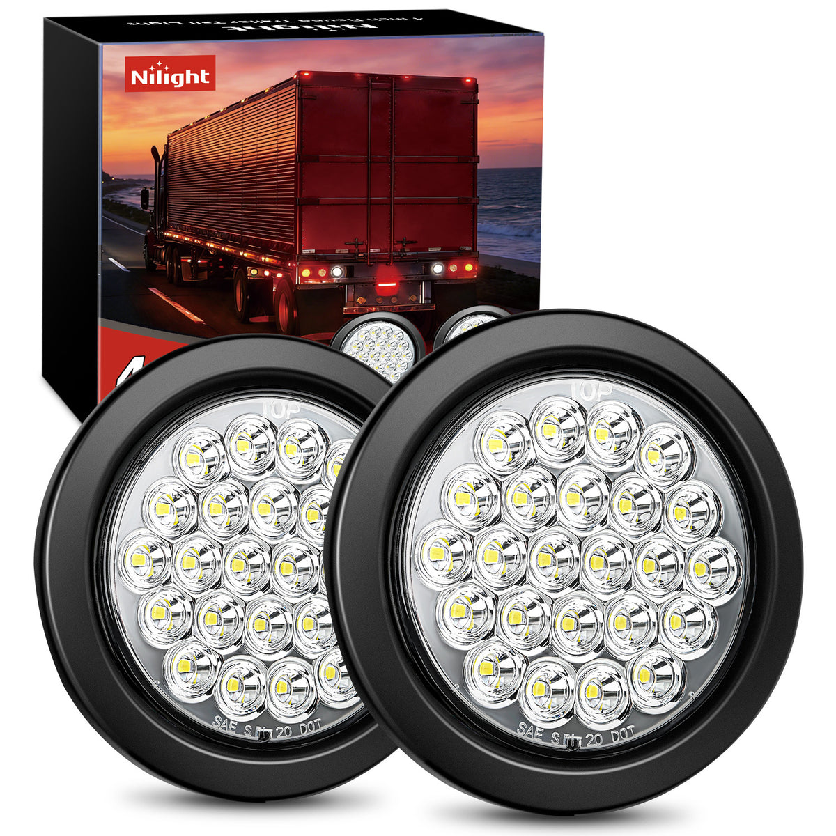 4 Inch White Round 24Leds Tail Light Flush Mount Grommets 2Pcs
