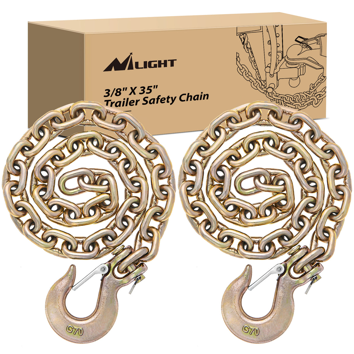 Nilight 3/8Inch X 35Inch Trailer Safety Chain 2pcs Grade 70 Towing Chain with Clevis Snap Hooks 26400lbs Break Strength use for Trailer, RV,and Boat Towing and Gooseneck Couplers