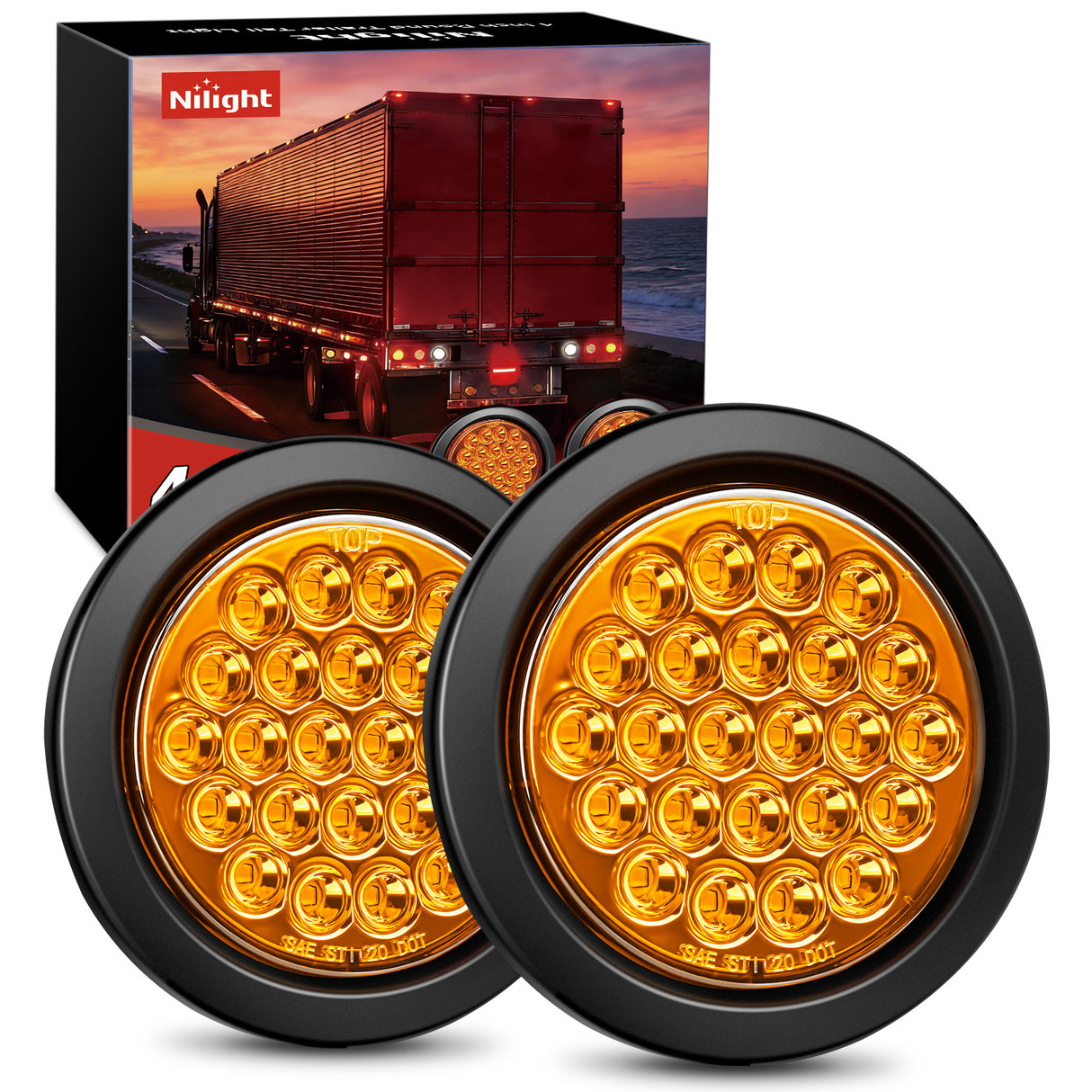 4 Inch Amber Round 24Leds Tail Light Flush Mount Grommets (Pair)