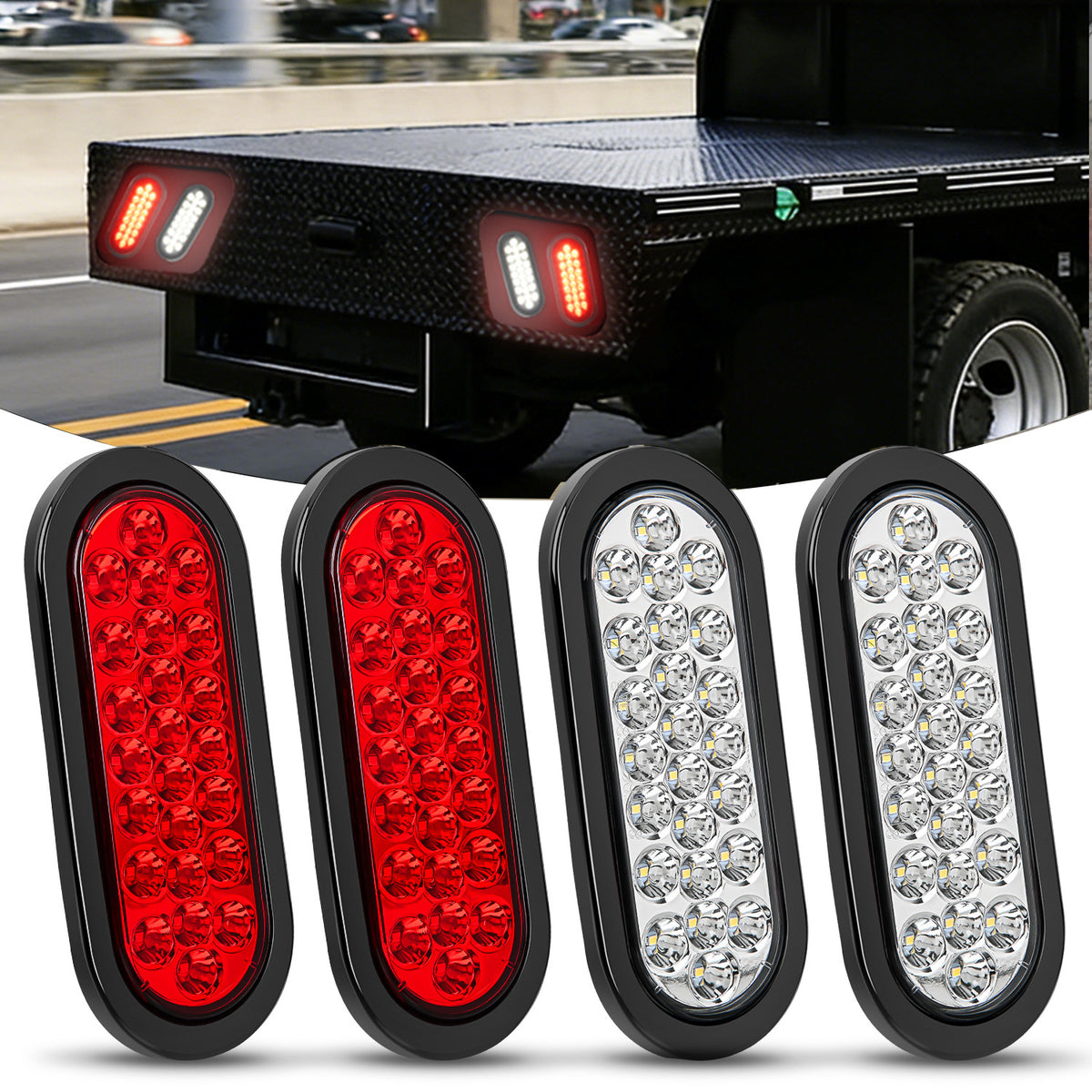 6 Inch Oval White Red 24Leds Trailer Tail Lights 4Pcs