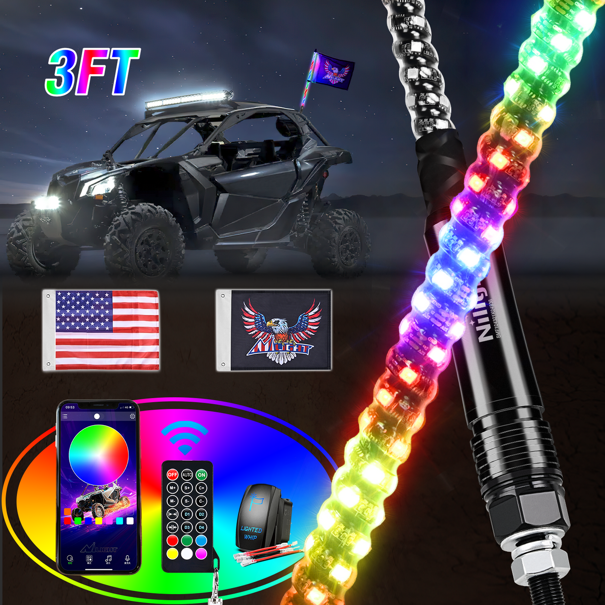 Nilight RGB Whip Light 1PC 3FT Lighted Antenna Whips with Remote & App Control DIY Chasing Patterns Brake Reverse Lights for ATV UTV Polaris RZR Can-am Dune Buggy Pickup Trucks Jeep 