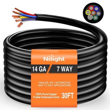 Nilight 30 Feet 7 Way Trailer Extension Cable Traditional SAE 14 Gauge 7 Conductor 100% Pure Copper Wire Insulated Heavy Duty Cord Weatherproof for 7 Pin Blade RV Automotive
