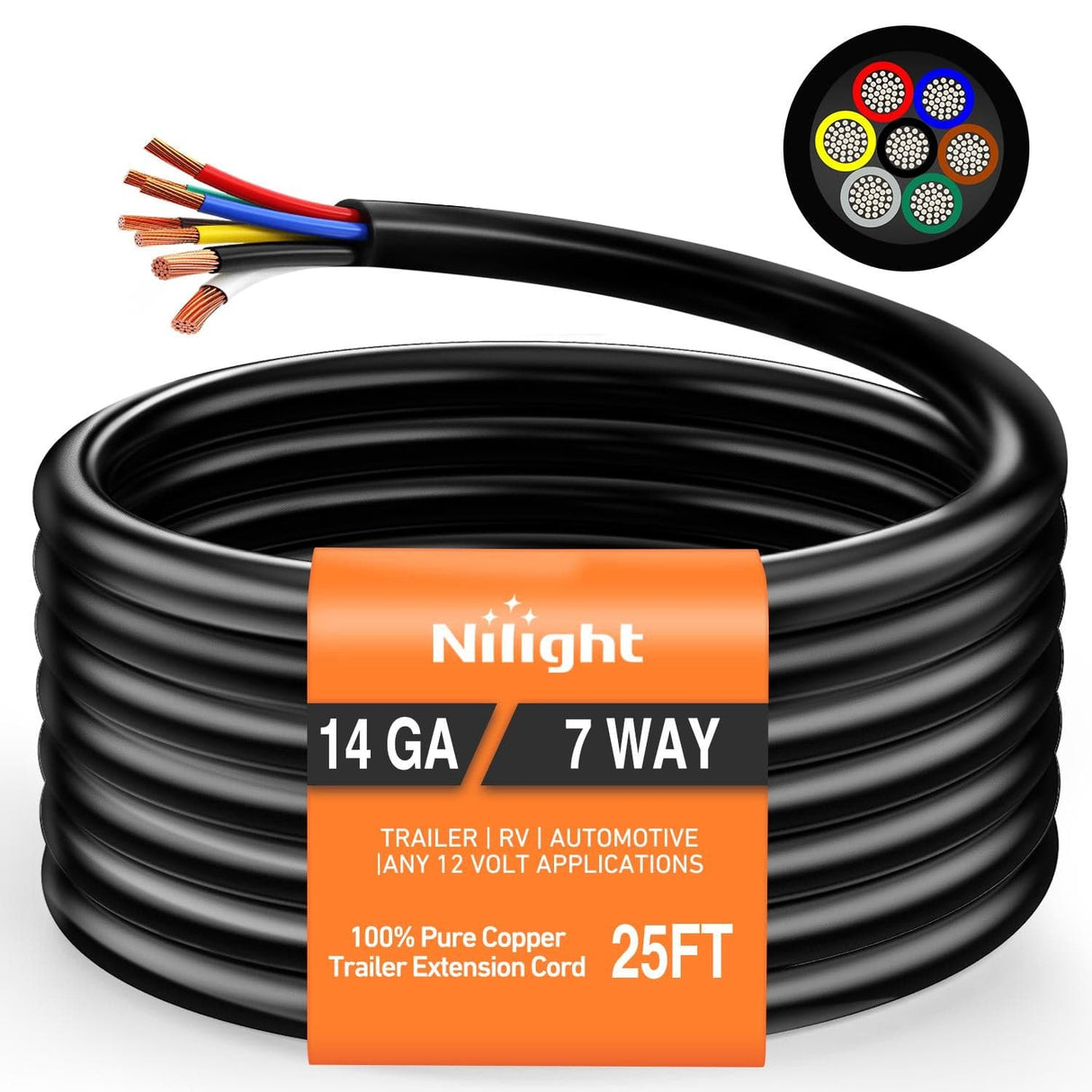 Nilight 25 Feet 7 Way Trailer Extension Cable RV Standard Wire 14 Gauge 7 Conductor 100% Pure Copper Insulated Heavy Duty Cord Weatherproof for 7 Pin Blade Truck Camper RV Automotive