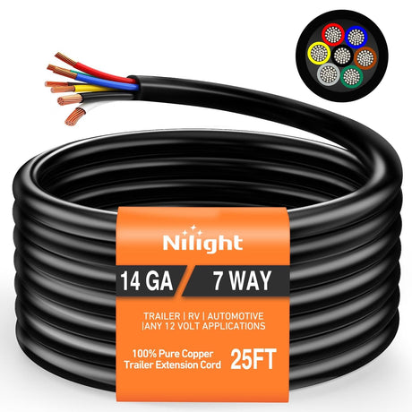 Nilight 25 Feet 7 Way Trailer Extension Cable RV Standard Wire 14 Gauge 7 Conductor 100% Pure Copper Insulated Heavy Duty Cord Weatherproof for 7 Pin Blade Truck Camper RV Automotive