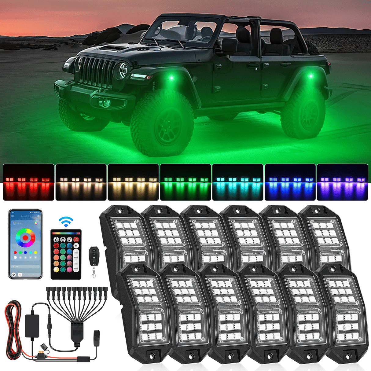 RGB Rock Lights RGB LED Rock Lights Kit 12 PCS 18LED Wide Angle Wheel Well Light with Remote & Bluetooth App Dual Control Multi Modes Underglow Multicolor Neon Pod for ATV UTV SUV Offroad Truck RZR Boat