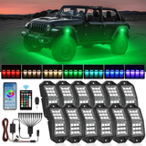 RGB Rock Lights RGB LED Rock Lights Kit 12 PCS 18LED Wide Angle Wheel Well Light with Remote & Bluetooth App Dual Control Multi Modes Underglow Multicolor Neon Pod for ATV UTV SUV Offroad Truck RZR Boat