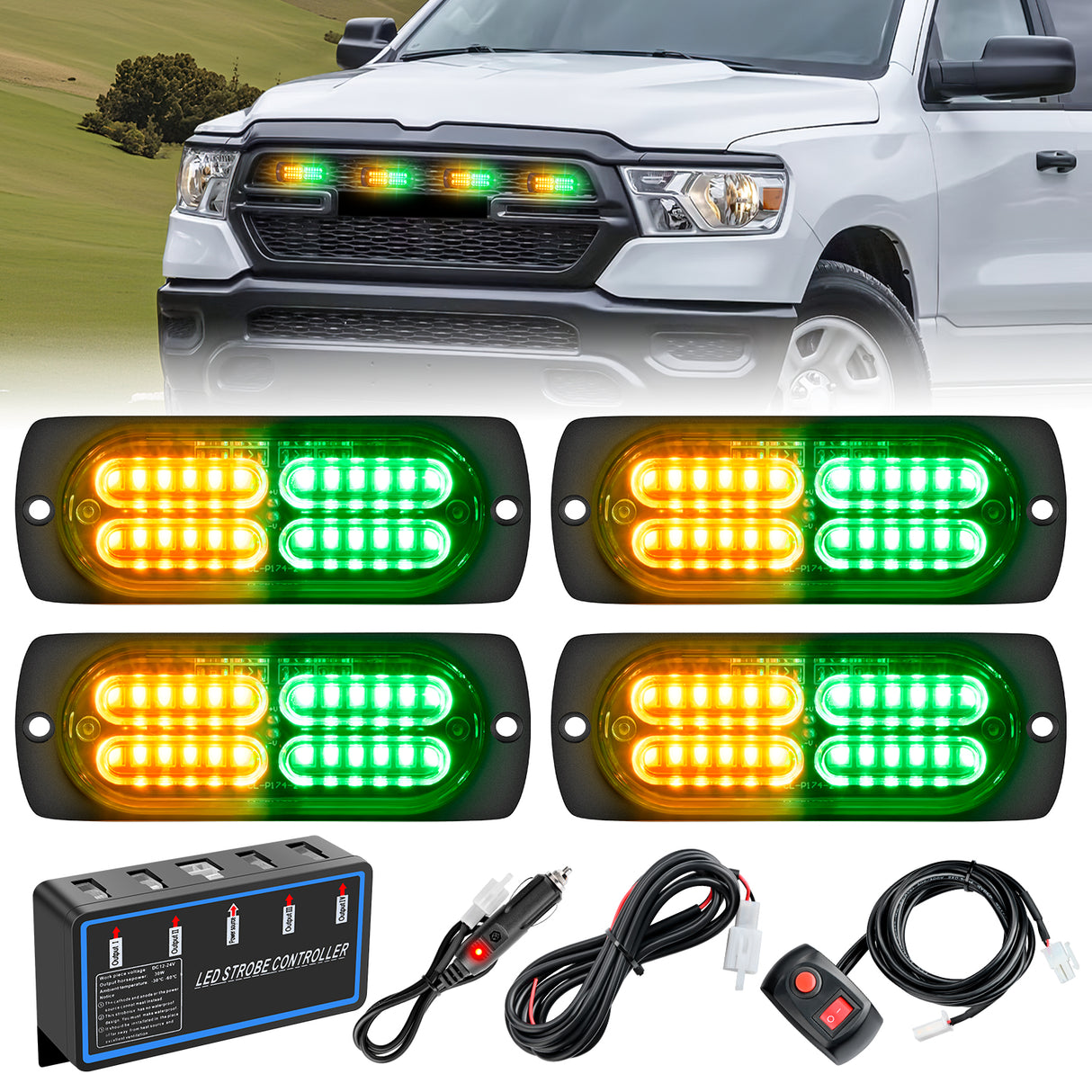 Nilight 4PCS LED Strobe lights 12V 24V Sync Feature Amber Green 24LED Emergency Hazard Warning Lights with Controller Hard Wire or Cigarette Lighter Plug for Car Truck RVs Campers