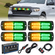 4PCS LED Strobe lights 12V 24V Sync Feature Amber Green 24LED Emergency Hazard Warning Lights with Controller Hard Wire or Cigarette Lighter Plug for Car Truck RVs Campers
