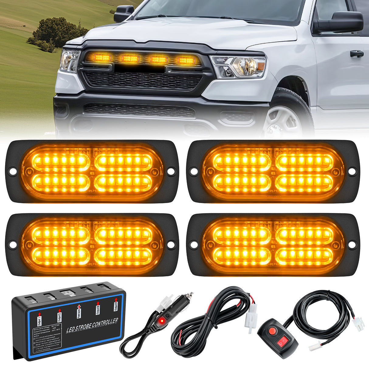 Nilight 4PCS LED Strobe lights 12V 24V Sync Feature Amber 24LED Emergency Hazard Warning Lights with Controller Hard Wire or Cigarette Lighter Plug for Car Truck RVs Campers