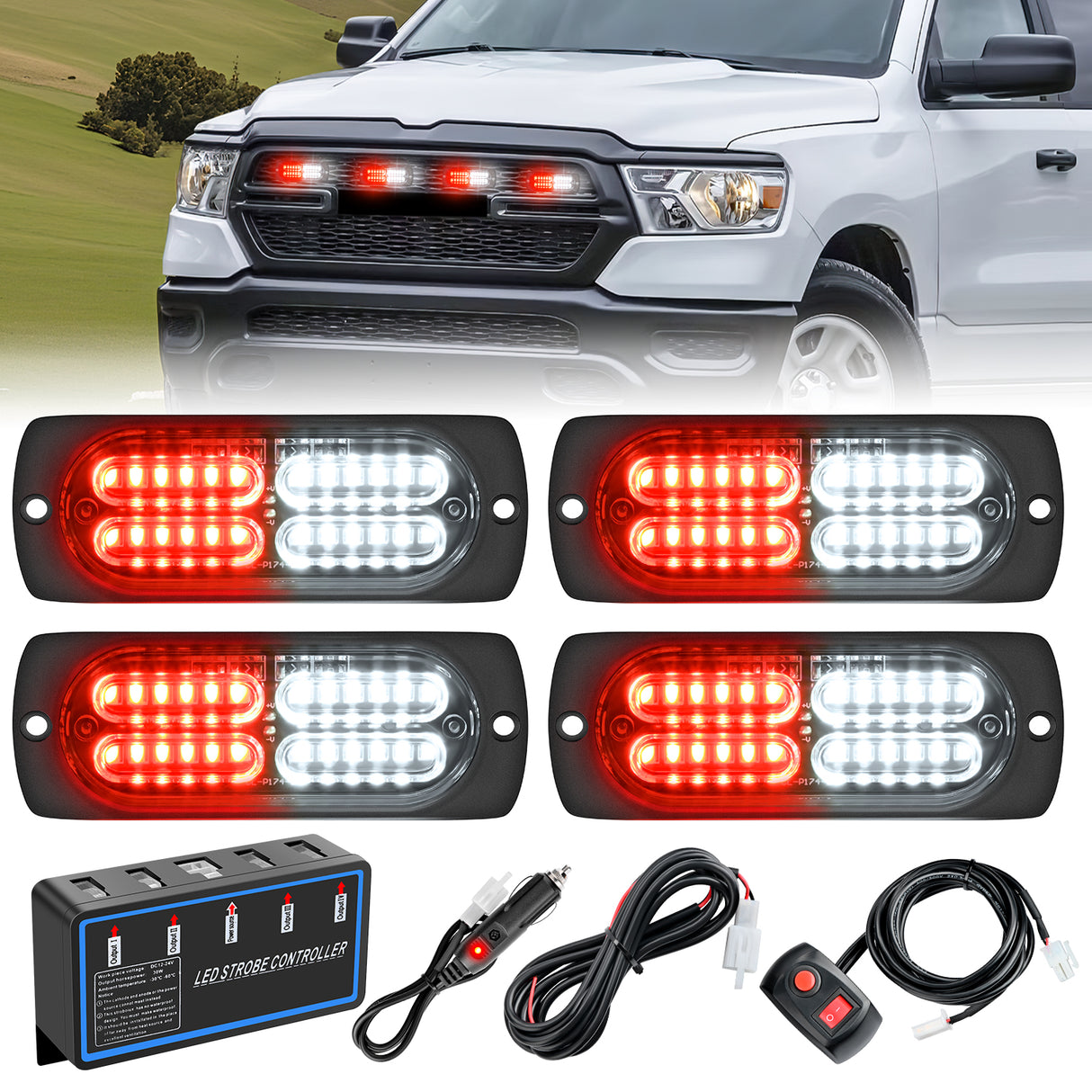 Nilight 4PCS LED Strobe lights 12V 24V Sync Feature Red White 24LED Emergency Hazard Warning Lights with Controller Hard Wire or Cigarette Lighter Plug for Car Truck RVs Campers