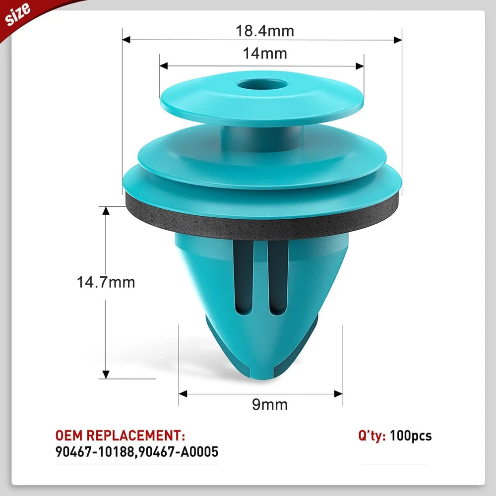retainer clips 100 Pcs Head 18.4mm Hole 9mm Trim Door Panel Retainer Clips, Car Push Fastener Clips for Corolla Camry Sequoia Tundra Tacoma, Replace 90467-10188, 90467-A0005