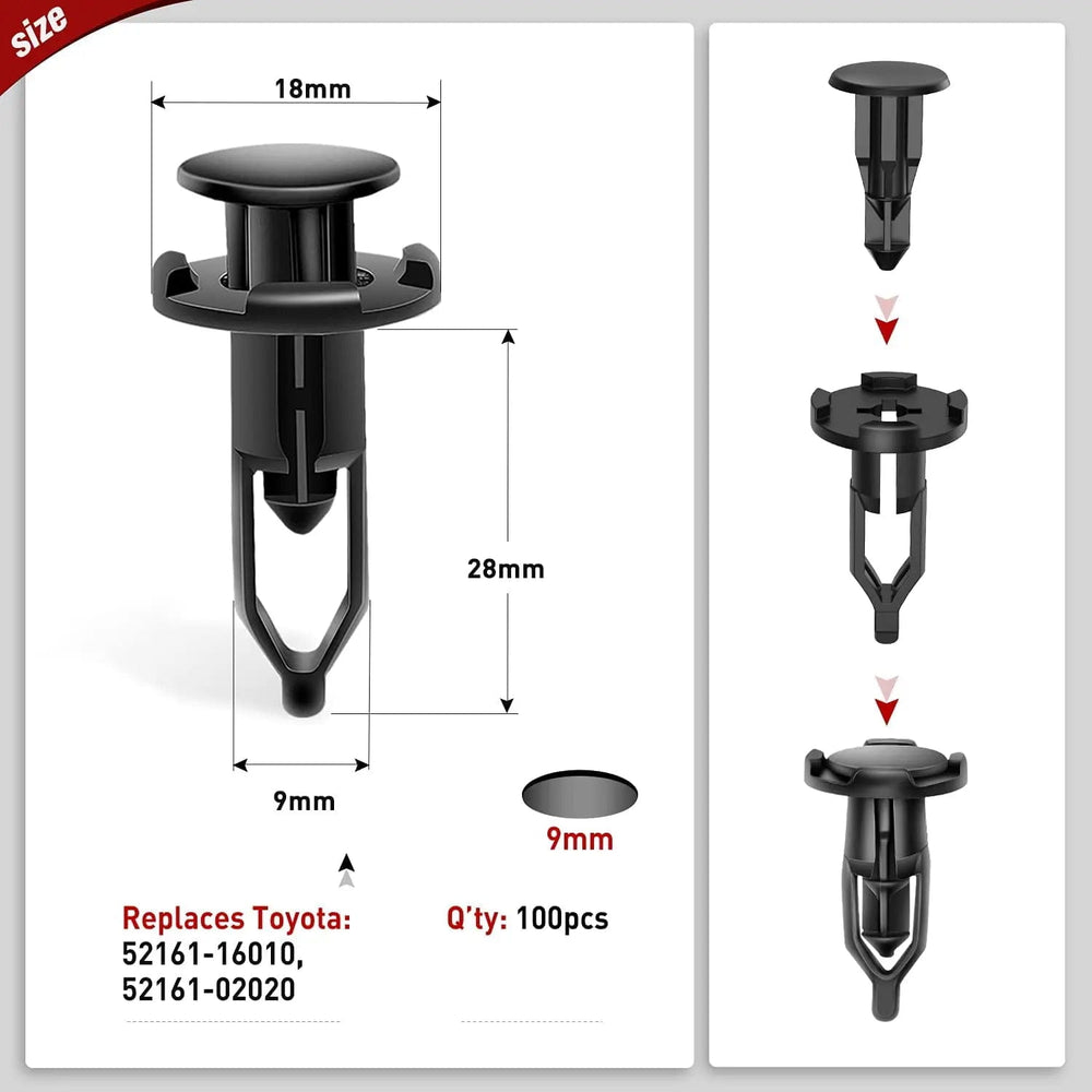 retainer clips 100 Pcs Head 18mm Hole 9mm Nylon Push-Type Automotive Clips Rivet Retainer Rear Bumper Cover Push-Type Retainer for Toyota #52161-02020 & 52161-16010 9mm