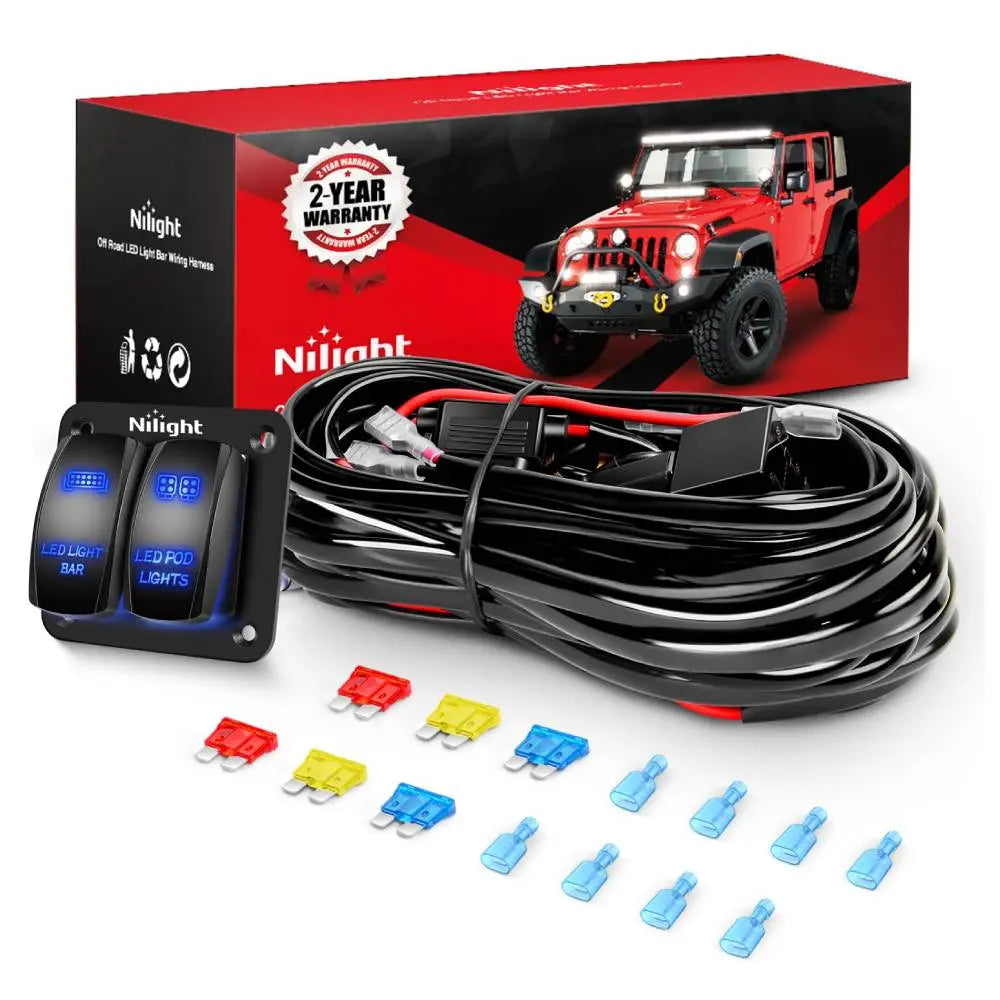 1-Way LED Light Bar Wiring Harness Kit – 12V-24V, ON-OFF Rocker Switch, 40A Relay, Fuse – Up To 300W
