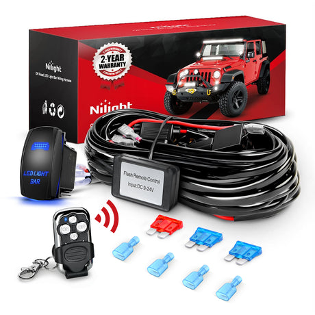 Nilight Remote Wiring Harness for LED Light Bar Wireless Strobe Flash Work Driving Lights 12V 15A 16AWG Controller 5PIN Switch Waterproof Power Relay Blade Fuse-2 Leads