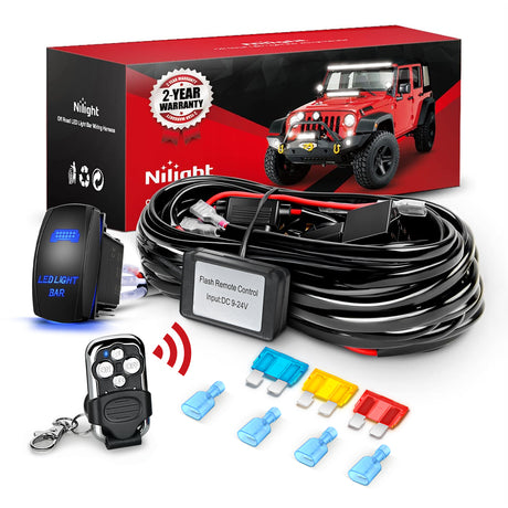 Nilight Remote Wiring Harness for LED Light Bar Wireless Strobe Flash Work Driving Lights 12V 20A 14AWG Controller 5PIN Switch Waterproof Power Relay Blade Fuse-1 Lead