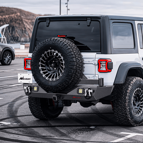 Front Bumper 2018 2019 2020 2021 2022 2023 2024 Jeep Wrangler JL JLU Unlimited (2/4 Doors) Rear Bumper Spare Tire Carrier 2inch Hitch Receiver License Plate Bracket 2 LED Lights D-rings