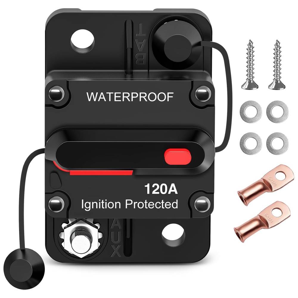 120A Circuit Breaker Resettable 12-48V DC Manual Reset w/Copper Wire Lugs Surface Mount Overload Protection Nilight