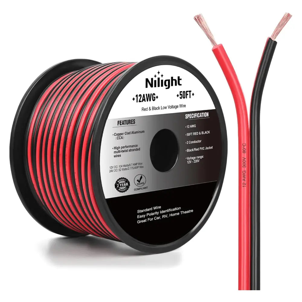 12AWG 50FT Copper Clad Aluminum Wire 12-2 Gauge Red Black CCA Electrical Cable 2 Conductor Parallel 12V 24V DC Flexible Extension Cords Nilight