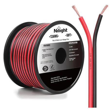 12AWG 50FT Copper Clad Aluminum Wire 12-2 Gauge Red Black CCA Electrical Cable 2 Conductor Parallel 12V 24V DC Flexible Extension Cords Nilight