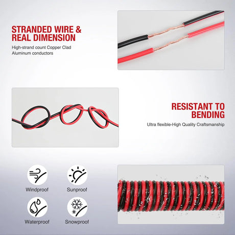 12AWG 50FT Copper Clad Aluminum Wire 12-2 Gauge Red Black CCA Electrical Cable 2 Conductor Parallel 12V 24V DC Flexible Extension Cords Nilight