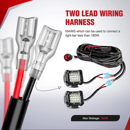 Wiring Harness Kit 16AWG Wire Harness Aluminium Kit 2 Leads W/ 12V 3Pin Switch | 3 Fuses | 4 Spade Connectors