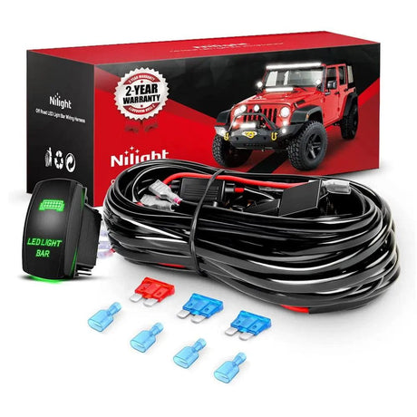 Wiring Harness Kit 16AWG Wire Harness Kit 2 Leads W/ 12V 5Pin Green Switch | 3 Fuses | 4 Spade Connectors