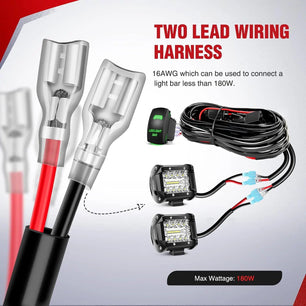 Wiring Harness Kit 16AWG Wire Harness Kit 2 Leads W/ 12V 5Pin Green Switch | 3 Fuses | 4 Spade Connectors