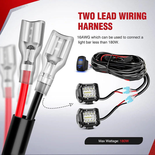 Wiring Harness Kit 16AWG Wire Harness Kit 2 Leads W/ 12V 5Pin Light Bar Switch | 3 Fuses | 4 Spade Connectors