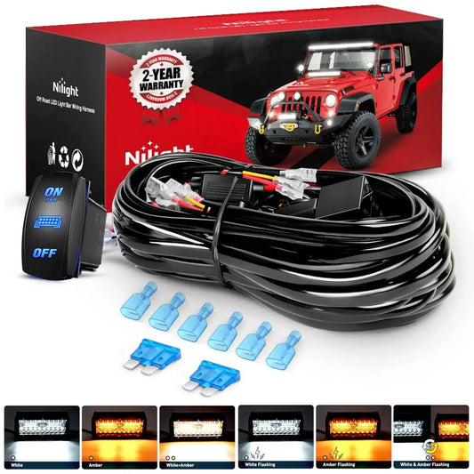 Wiring Harness Kit 16AWG Amber White Light Bar Wire Harness Kit 2 Leads W/ 12V 8Pin Switch | 2 Fuses | 6 Spade Connectors
