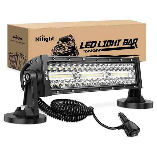 13.5" 288W Triple Row 96LEDs Spot/Flood LED Light Bar Kit | Cigarette Lighter 10FT Wire Magnet Bases Nilight