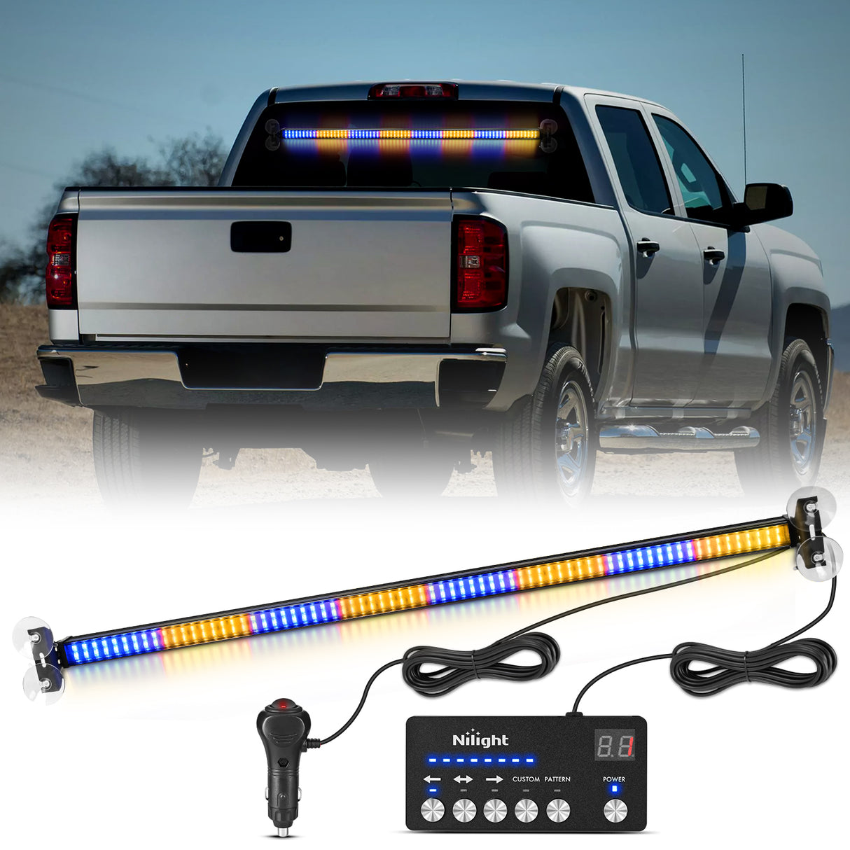 Nilight 144LED Traffic Advisor Strobe Light Bar with Controller Amber Blue Emergency Warning Lights Hazard Interior Front/Rear Windshield Flashing for Cars Plow Trucks Construction Vehicles