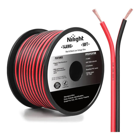 14AWG 50FT Copper Clad Aluminum Wire 14/2 Gauge Red Black CCA Electrical Cable 2 Conductor Parallel 12V/24V DC Flexible Extension Cords Nilight