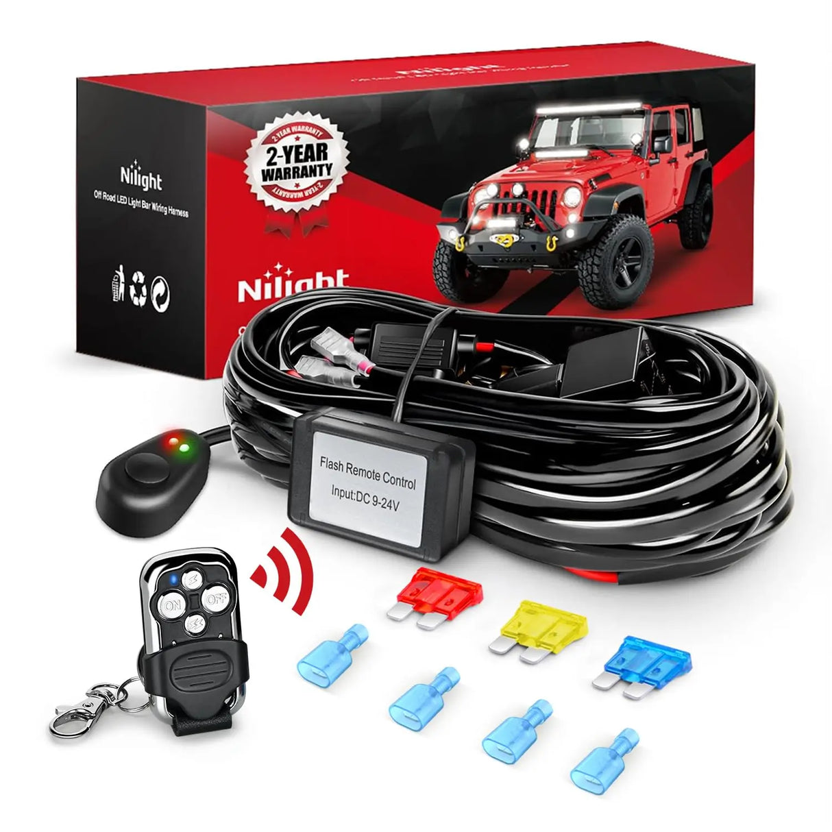 14AWG Wire Harness Kit 1 Lead W/ Remote Controller Switch | 3 Fuses | 4 Spade Connectors Nilight