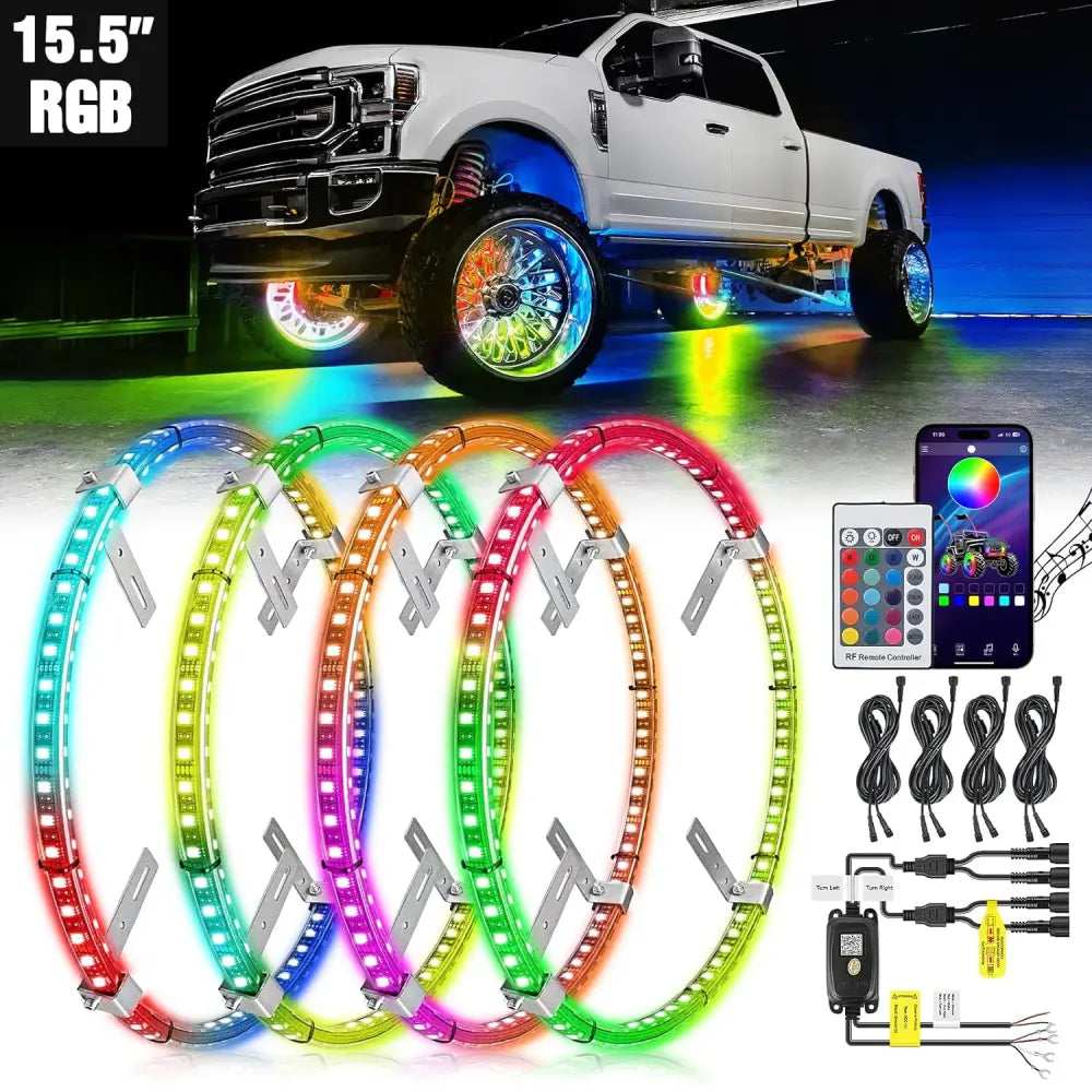 15.5 Inch LED Wheel Ring Lights Double Row RGB APP Remote Control 4Pcs ...
