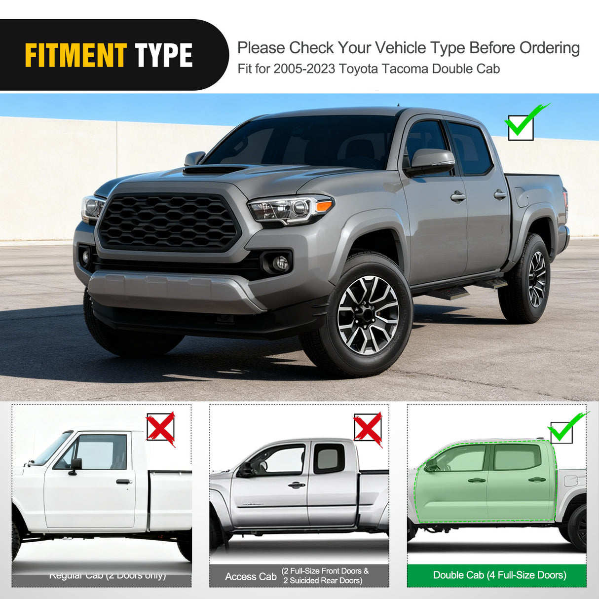 2005 2006 2007 2008 2009 2010 2011 2012 2013 2014 2015 2016 2017 2018 2019 2020 2021 2022 2023 Toyota Tacoma Double Cab Running Boards 4 Inch Drop Side Steps Bolt-on Black Powder Coated