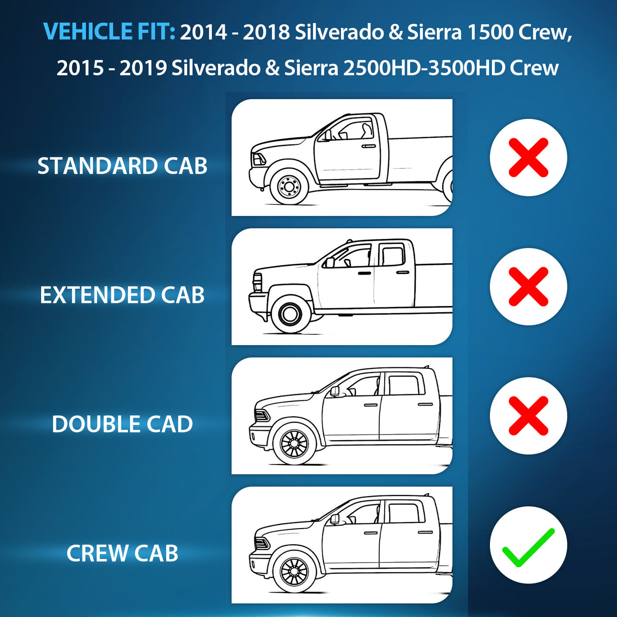 2014 2015 2016 2017 2018 Chevy Silverado/GMC Sierra 1500 Crew Cab 2015 2016 2017 2018 2019 Silverado/Sierra 2500HD-3500HD Crew Cab Rain Guards Acrylic 4Pcs