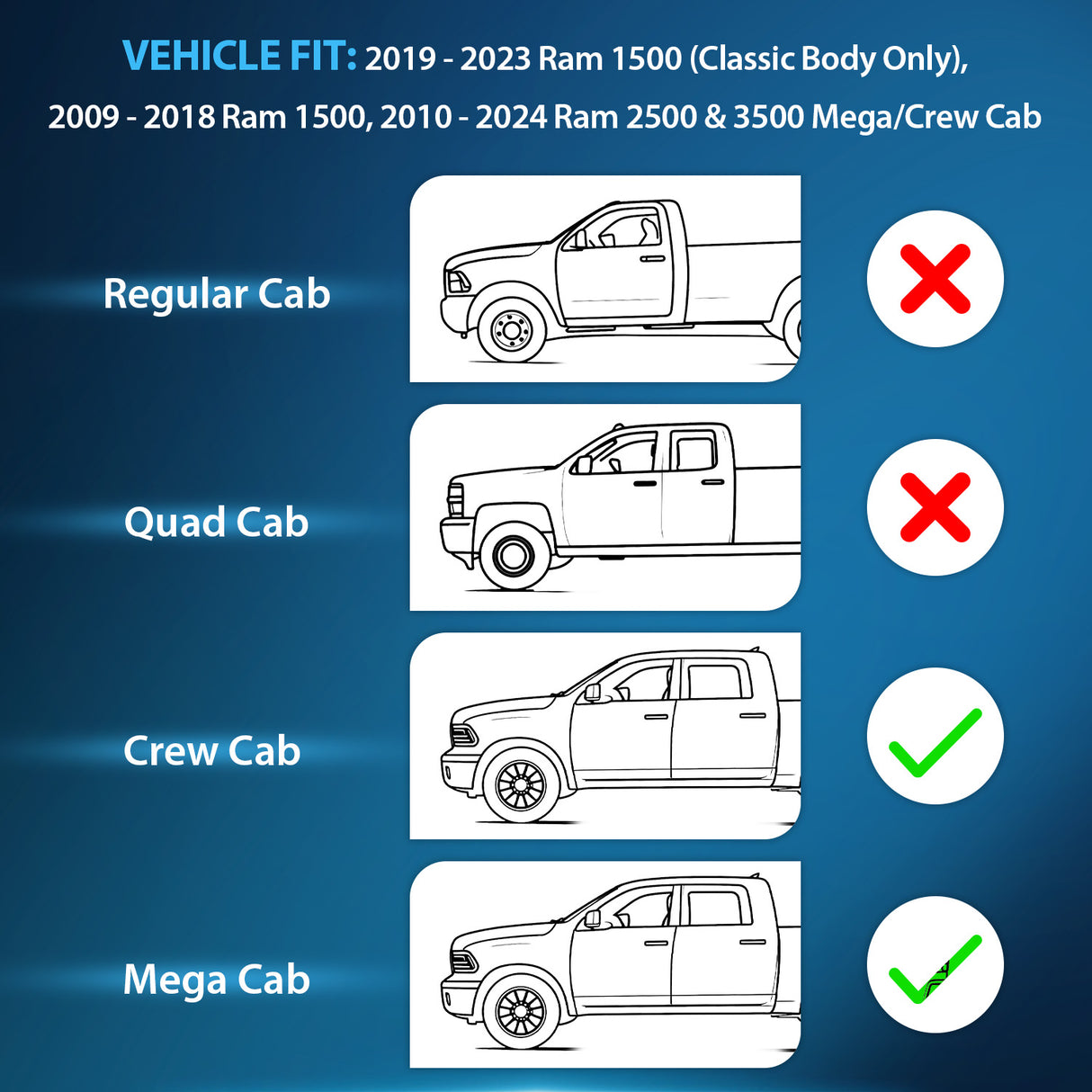 2009 2010 2011 2012 2013 2014 2015 2016 2017 2018 Dodge Ram 1500 Crew Cab 2019 2020 2021 2022 2023 Ram 1500 Classic Body 2010-2024 Ram 2500 3500 Mega Crew Cabs Rain Guards Acrylic 4Pcs