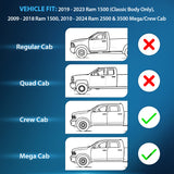 2009 2010 2011 2012 2013 2014 2015 2016 2017 2018 Dodge Ram 1500 Crew Cab 2019 2020 2021 2022 2023 Ram 1500 Classic Body 2010-2024 Ram 2500 3500 Mega Crew Cabs Rain Guards Acrylic 4Pcs