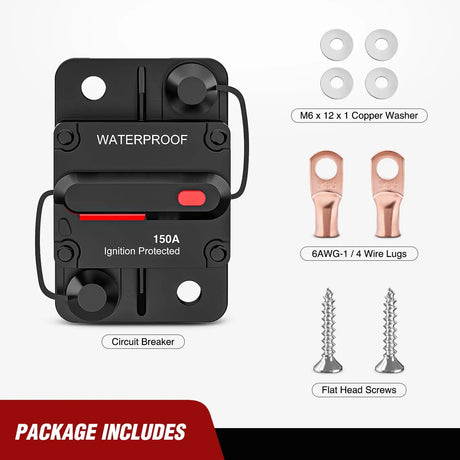 150A Circuit Breaker Resettable 12-48V DC Manual Reset w/Copper Wire Lugs Surface Mount Overload Protection Nilight