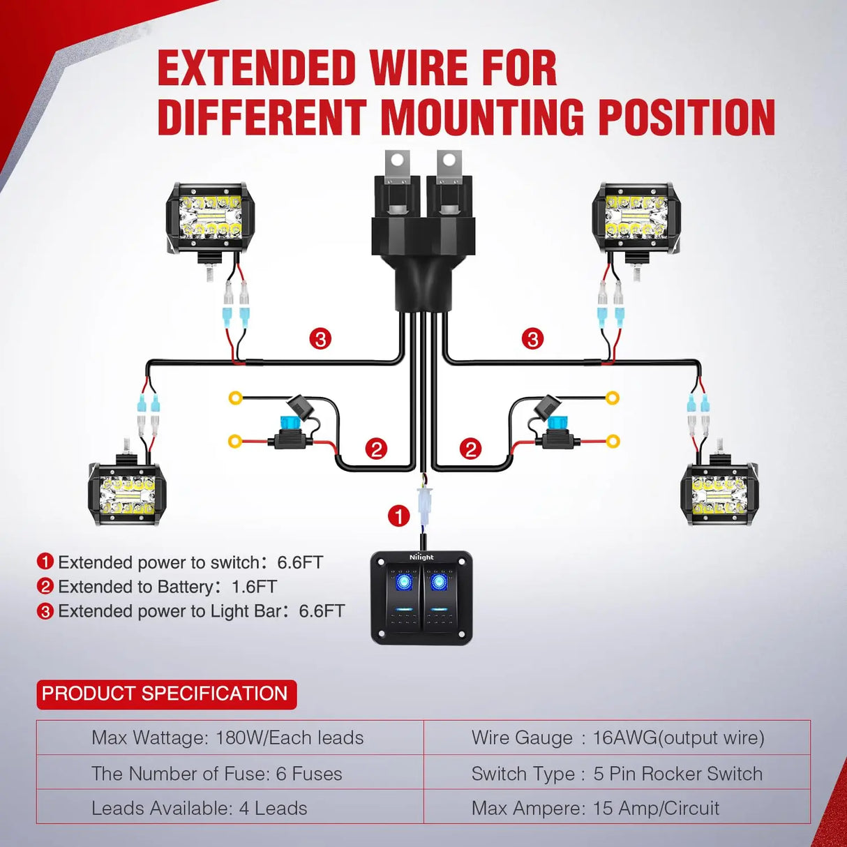 16AWG Wire Harness 4 Leads W/ 2 Gang Rocker Switch | 6 Fuses | 8 Spade Connectors Nilight